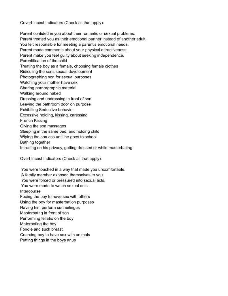 Covert Incest Indicators (Check all that apply)